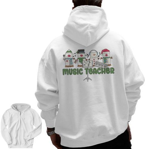 Music Teacher Christmas Holiday Wnter Music Instructor Men Zip Up Hoodie Back Print - teacherstshirts.com