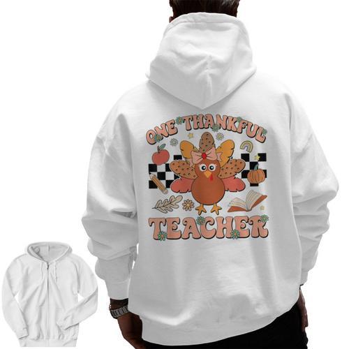 One Thankful Teacher Thanksgiving Retro Groovy Fall Teachers Men Zip Up Hoodie Back Print - teacherstshirts.com