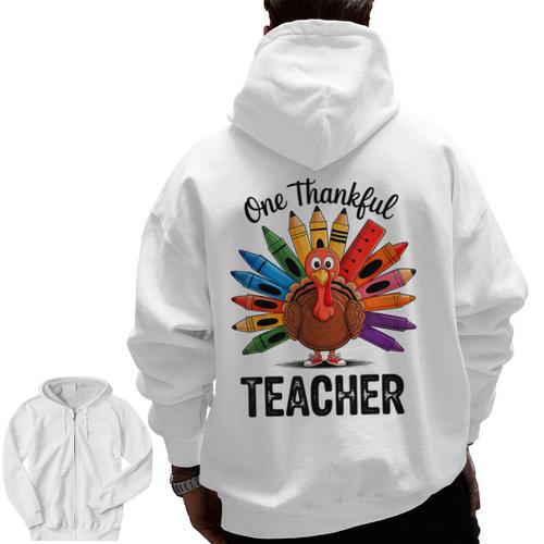 One Thankful Teacher Thanksgiving TurkeyCute Pencil Men Zip Up Hoodie Back Print - teacherstshirts.com