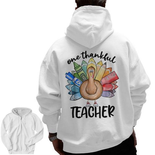 One Thankful Teacher Turkey Pencil Thanksgiving Teachers Men Zip Up Hoodie Back Print - teacherstshirts.com