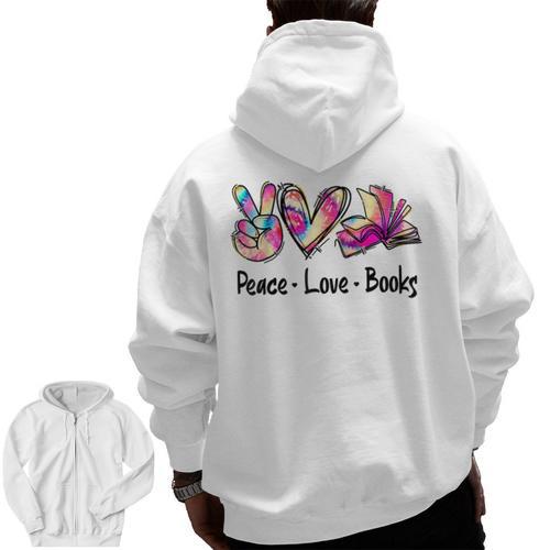Peace Love Books Librarian Teacher Life Book Library Tie Dye Men Zip Up Hoodie Back Print - teacherstshirts.com CA