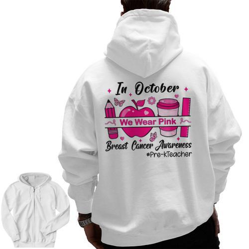 Pre-k Teacher In October We Wear Pink Breast Cancer Men Zip Up Hoodie Back Print - teacherstshirts.com UK
