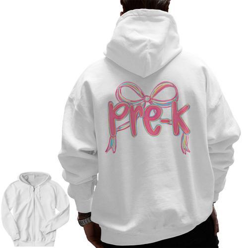Preppy Pre k Back To School Pre-k Teachers Girls Cute Bow Men Zip Up Hoodie Back Print - teacherstshirts.com