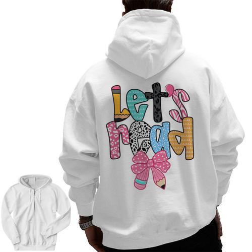 Lets Read Reading Teacher Back To School Literacy Pencil Bow Men Zip Up Hoodie Back Print - teacherstshirts.com