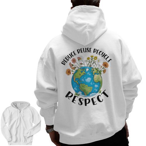 Reduce Reuse Recycle Respect Earth Day Teacher Girl Women Men Zip Up Hoodie Back Print - teacherstshirts.com UK
