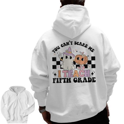 Retro You Can't Scare Me I Teach 5th Grade Teacher Halloween Men Zip Up Hoodie Back Print - teacherstshirts.com UK