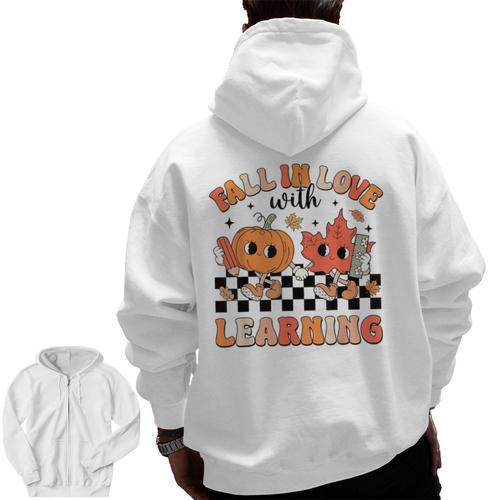 Retro Fall In Love With Learning Autumn Pumpkin Teacher Men Zip Up Hoodie Back Print - teacherstshirts.com AU