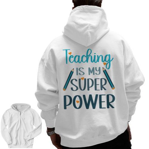 Retro Groovy Teaching Is My Super Power Teacher's Present Men Women Men Zip Up Hoodie Back Print - teacherstshirts.com AU