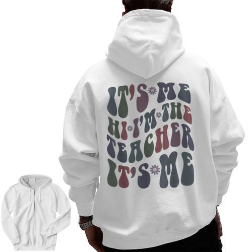 Retro IT'S ME Hi I'm The TEACHER Groovy Testing Squad Pink Men Zip Up Hoodie Back Print - teacherstshirts.com AU