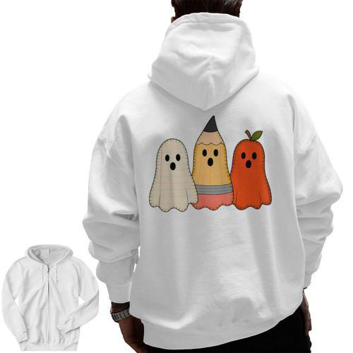 Retro Pencil Ghost Boo Spooky Teacher Halloween Costume Men Zip Up Hoodie Back Print - teacherstshirts.com CA