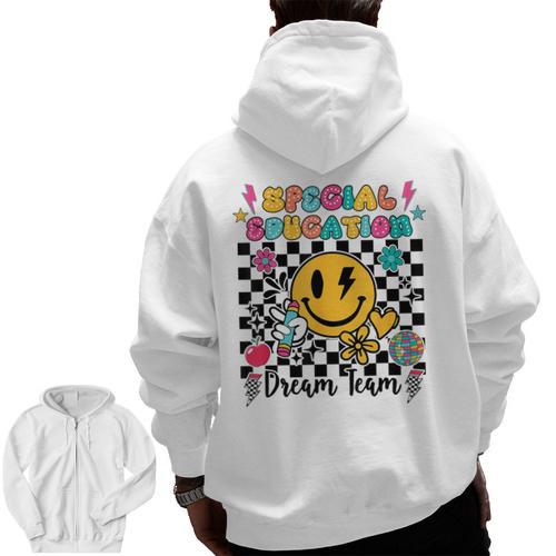 Retro Special Education Squad Groovy Dream Team Teacher Men Zip Up Hoodie Back Print - teacherstshirts.com CA