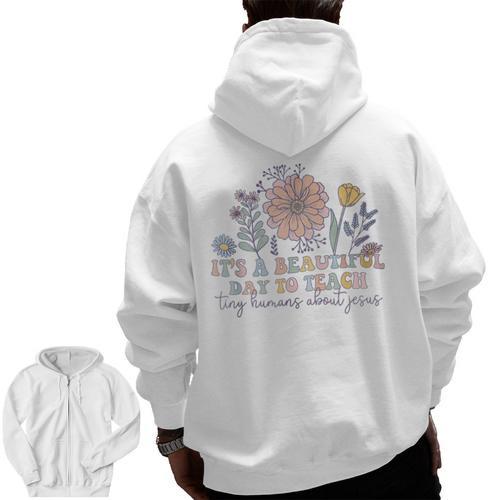Retro I Teach Tiny Humans About Jesus Christian Teacher Men Zip Up Hoodie Back Print - teacherstshirts.com DE
