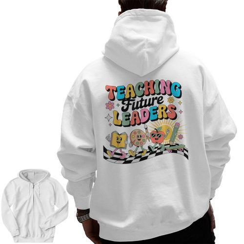 Retro Teaching Future Leaders Groovy Teacher Back To School Men Zip Up Hoodie Back Print - teacherstshirts.com UK