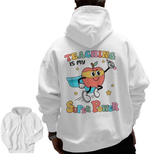 Retro Teaching Is My Superpower Apple Teacher Appreciation Men Zip Up Hoodie Back Print - teacherstshirts.com UK