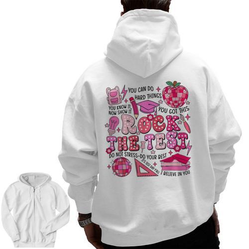Rock The Test Testing Day Don't Stress Do Your Best Teacher For Men Women Girls Kids Men Zip Up Hoodie Back Print - teacherstshirts.com DE