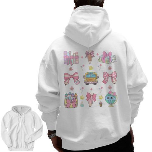School Pencils And Bows Teacher Bow Coquette Pencil Girls Men Zip Up Hoodie Back Print - teacherstshirts.com DE