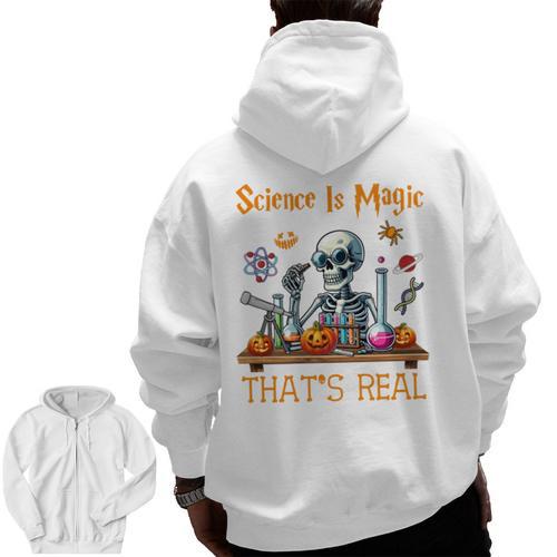 Science Is Magic Halloween Skeleton Students Teacher Men Zip Up Hoodie Back Print - teacherstshirts.com UK