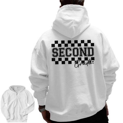 Second Grade Checkered Teacher 1st Day Back To School Women Men Zip Up Hoodie Back Print - teacherstshirts.com