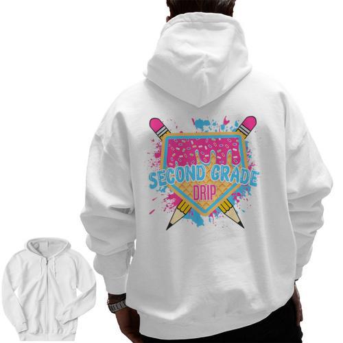 Second Grade Drip Ice Cream Home Plate Baseball Teachers Kid Men Zip Up Hoodie Back Print - teacherstshirts.com UK