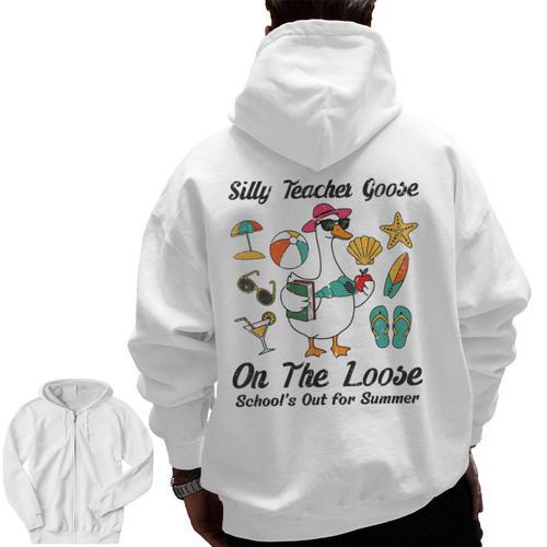 Silly Teacher Goose On The Loose School Out Summer Women Men Men Zip Up Hoodie Back Print - teacherstshirts.com