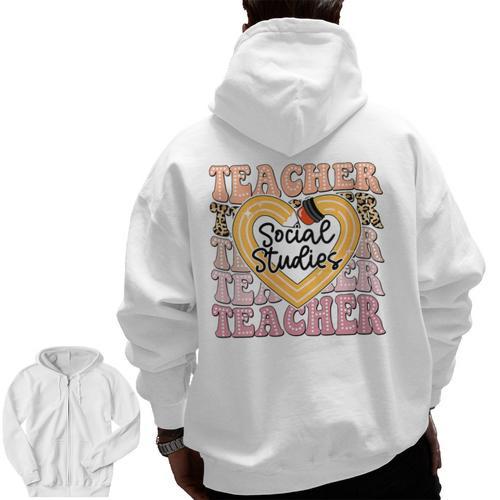 Social Studies Teacher Pencil Heart Leopard Back To School Men Zip Up Hoodie Back Print - teacherstshirts.com