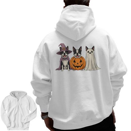 Spooky Ghost Boston Terrier Pumpkin Halloween Dog Lover Men Zip Up Hoodie Back Print - Bostonterriersmerch.com