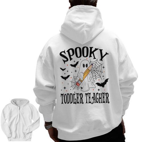 Spooky Toddler Teacher Halloween School Men Zip Up Hoodie Back Print - teacherstshirts.com