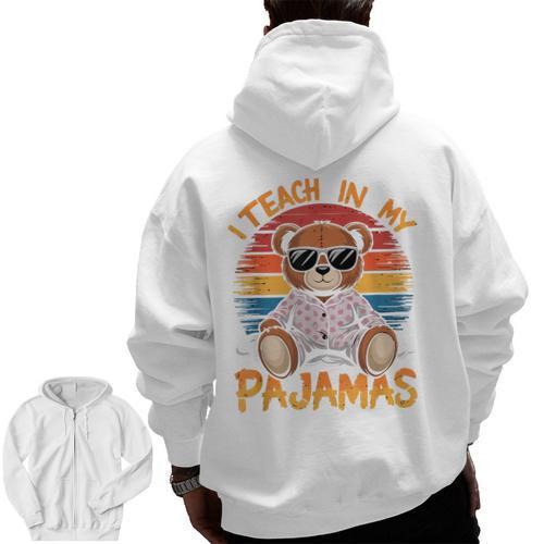 I Teach In My Pajamas Teacher Sunset Bear Retro Men Zip Up Hoodie Back Print - teacherstshirts.com CA