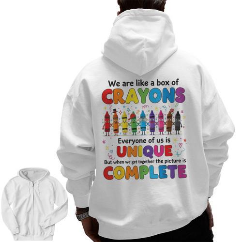 Teacher We Are Like a Box Of Crayons Back To School Men Zip Up Hoodie Back Print - teacherstshirts.com DE
