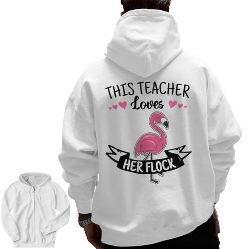 This Teacher Loves Her Flock Cute Flamingo Teacher Men Zip Up Hoodie Back Print - teacherstshirts.com UK