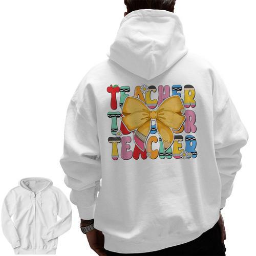 Teacher Pencil Coquette Bow Back To School Teacher Men Zip Up Hoodie Back Print - teacherstshirts.com UK