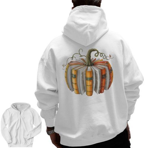Teachers Students Fall Book Pumpkin Fall Librarians Bookworm Men Zip Up Hoodie Back Print - teacherstshirts.com AU