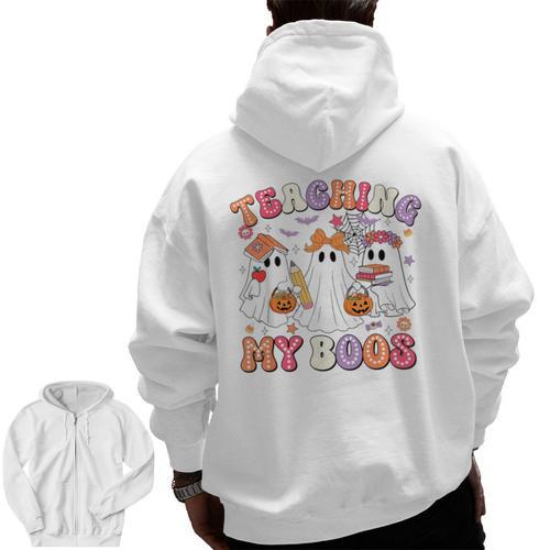 Teaching My Boos Cute Spooky Ghost Teacher Halloween Women Men Zip Up Hoodie Back Print - teacherstshirts.com