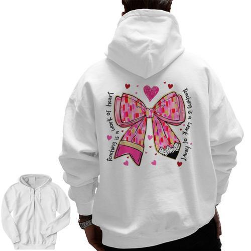Teaching Is A Work Of Heart Pencil Bow Teacher Valentine Men Zip Up Hoodie Back Print - teacherstshirts.com CA