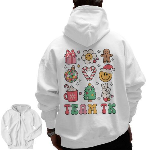 Team TK Teacher Christmas Groovy Smile Face Girl Boy Kid TK Men Zip Up Hoodie Back Print - teacherstshirts.com UK