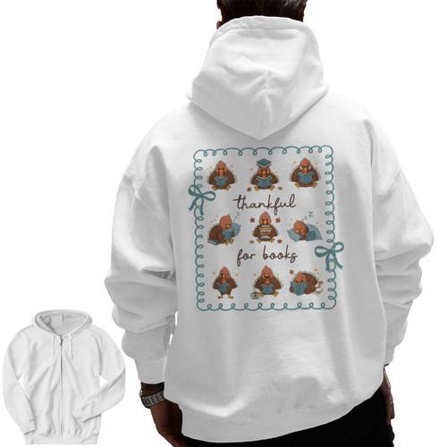 Thankful For Books Turkey Reading Book Lovers Fall Teacher Men Zip Up Hoodie Back Print - teacherstshirts.com AU