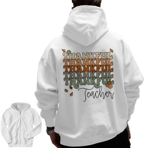 Thankful Teacher Thanksgiving Fall Pumpkin Turkey Men Zip Up Hoodie Back Print - teacherstshirts.com DE