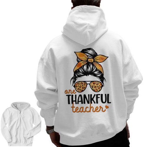 Thanksgiving Shirt Teacher Women Messy Bun Thankful Teacher Men Zip Up Hoodie Back Print - teacherstshirts.com UK