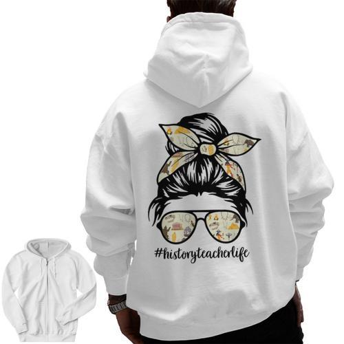 History Teacher Messy Bun Life Hair Glasses Men Zip Up Hoodie Back Print - teacherstshirts.com UK
