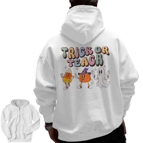 Trick Or Teach Candy Corn Pumpkin Ghost Teacher Men Zip Up Hoodie Back Print - teacherstshirts.com