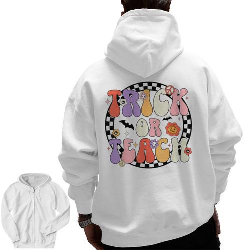 Trick Or Teach Retro Groovy Halloween Teacher Men Zip Up Hoodie Back Print - teacherstshirts.com CA