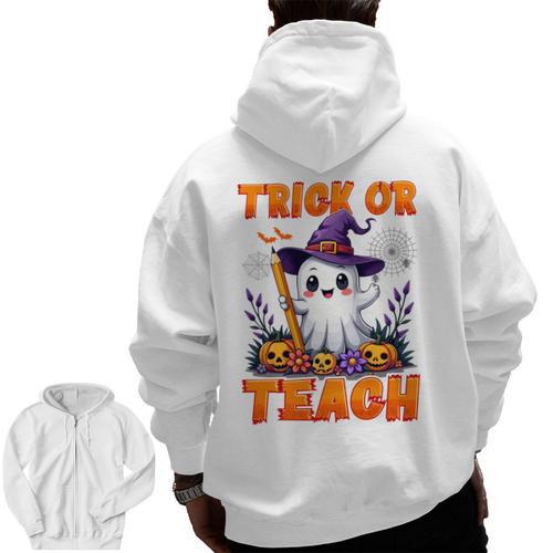 Trick Or Teach Teacher Halloween Ghost Pencil Floral Men Zip Up Hoodie Back Print - teacherstshirts.com CA