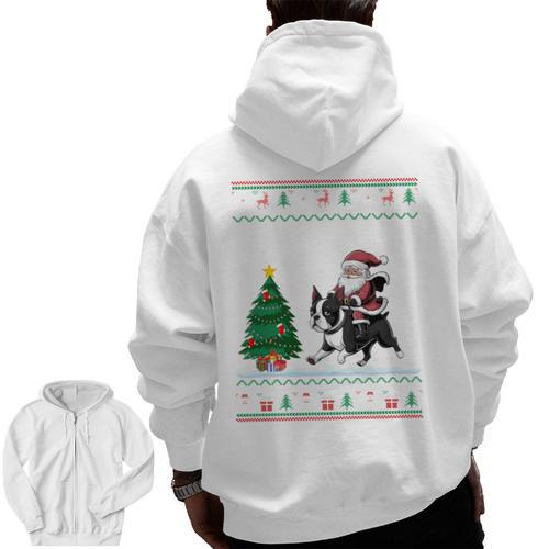 Ugly Christmas Tree Lights Xmas Santa Riding Boston Terrier Men Zip Up Hoodie Back Print - Bostonterriersmerch.com