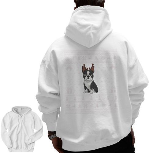 Ugly Xmas Sweater Style Boston Terrier Reindeer Christmas Men Zip Up Hoodie Back Print - Bostonterriersmerch.com