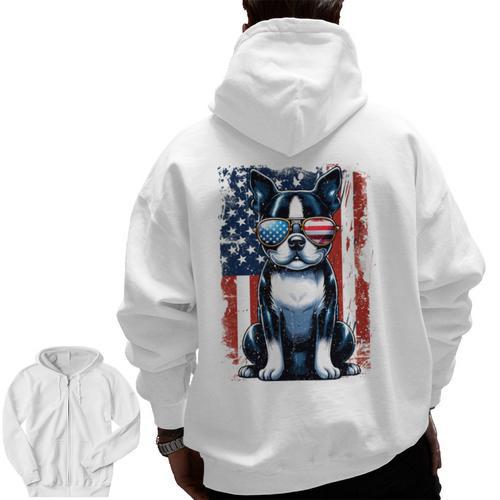 Vintage Boston Terrier Dog American US USA Flag Pets Dogs Men Zip Up Hoodie Back Print - Bostonterriersmerch.com