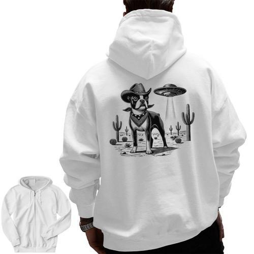 Vintage Boston Terrier UFO Western Wild West Dog Mom Dad Men Zip Up Hoodie Back Print - Bostonterriersmerch.com