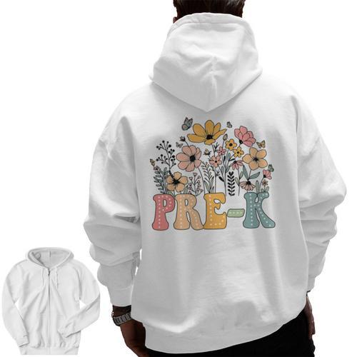 Wildflower Pre-K Preschool Team Floral Teacher Girls Men Zip Up Hoodie Back Print - teacherstshirts.com