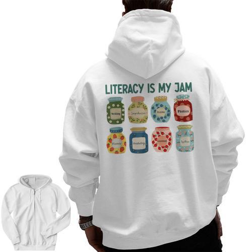 Women Literacy Is My Jam Literacy Teacher Reading Teacher Men Zip Up Hoodie Back Print - teacherstshirts.com AU
