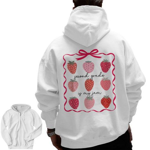 Women Second Grade Is My Jam Strawberry First Kids Teacher Men Zip Up Hoodie Back Print - teacherstshirts.com