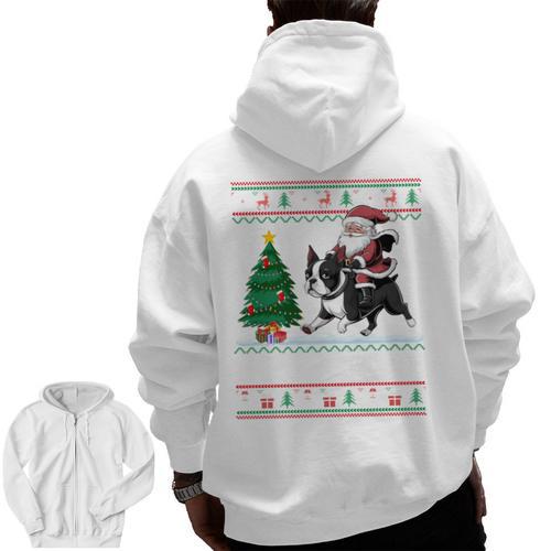 Xmas Tree Lighting Santa Riding Boston Terrier Christmas Men Zip Up Hoodie Back Print - Bostonterriersmerch.com
